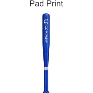 A blue plastic pen shaped like a baseball bat, featuring a logo on its side.