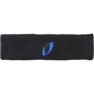 A black headband made of soft material, featuring a small blue logo.