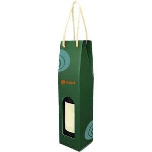 A green single bottle wine box featuring a rope handle and a window to display the bottle inside. Includes branding.