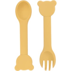 Bear-shaped silicone cutlery for kids in a soft yellow hue, featuring a spoon and a fork with a playful design.