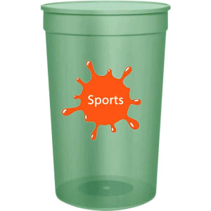 A translucent green plastic stadium cup with a logo featuring an orange splash and the word "Sports."