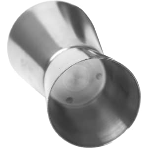 A stainless steel double jigger with a sleek, polished finish, designed for measuring liquids.