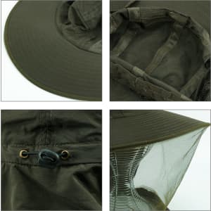 A green mosquito mesh hat featuring a wide brim and mesh panels for ventilation. It includes an adjustable chin strap.