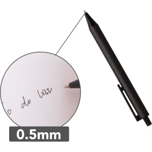 A black plastic click pen with a fine 0.5mm tip, featuring a clip and a simple design.