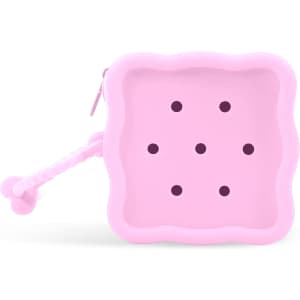 A pink square silicone pouch featuring holes and a textured handle, ideal for storage. It has a small logo on the side.