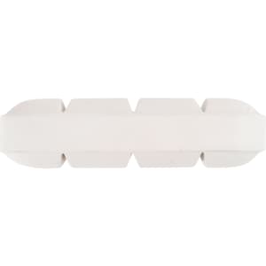 A large white tablet-shaped stress reliever with a smooth surface and an embossed design, featuring a logo.