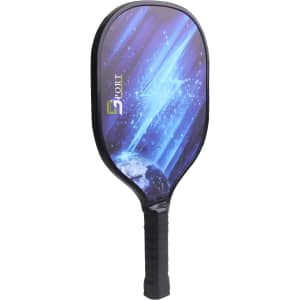 A wooden pickleball paddle with a blue and black design, featuring a textured handle and a logo.