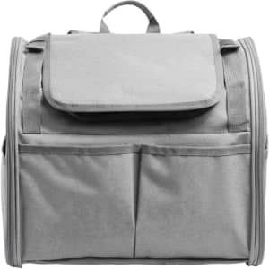 A grey pet backpack carrier featuring an expandable design and multiple storage pockets. It has a handle and straps.