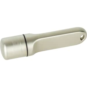 A sleek silver flash drive with a cylindrical end and a loop for attachment. Features a minimalist design.