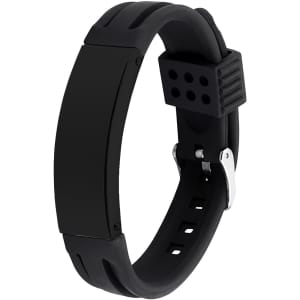 A sleek black metal strap bracelet with a smooth, rectangular face and adjustable rubber strap.
