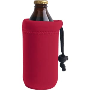 A drink bottle holder in bright red, featuring a pull cord and stitched detailing.