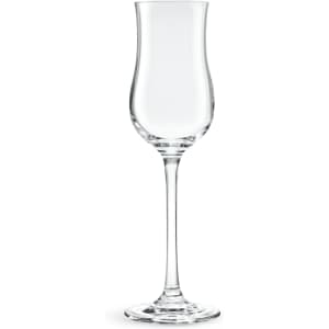 A clear, elegant tulip wine glass with a slender stem and flared bowl. It features a simple design and has a logo.