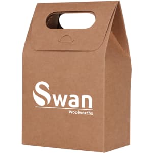 A brown die cut handle bag with a cut-out handle and a logo, measuring 100x160x60mm.