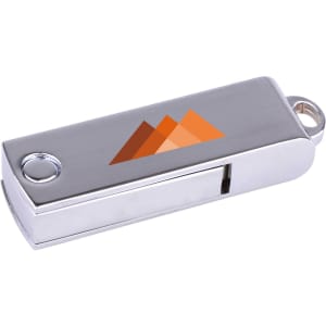 A silver flash drive with a branded logo featuring orange mountains. Compact design, ideal for data storage.