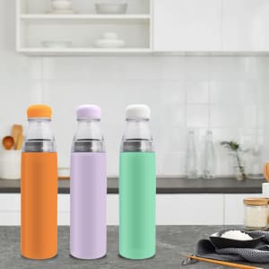 A drink bottle set featuring three 750ML stainless steel vacuum bottles in orange, lavender, and mint green, with transparent caps and branding.