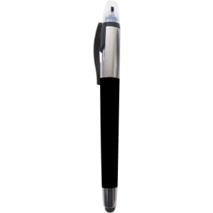 A ball pen with a silver and black design, featuring a highlighter at one end and a logo on the barrel.