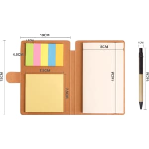 A 3-in-1 notepad in brown with sticky notes and a ballpoint pen, featuring sections for writing and note-taking.