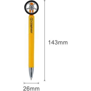 A fidget spinner-shaped pen in yellow with a black wheel and an orange centre, featuring a logo.