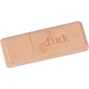 A wooden flash drive in a light colour with a subtle branding design.