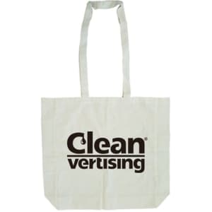 A calico tote bag in a light beige colour with long handles and a gusset, featuring a logo.