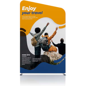 Inclined portable exhibit display wall in vibrant orange and blue with an abstract design and an image of three people celebrating.