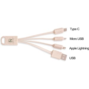 A square-shaped wheat straw charging cable in beige, featuring connections for Type C, Micro USB, Apple Lightning, and USB.