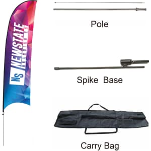 A concave feather banner in vibrant colours with a pole, spike base, and carry bag included.