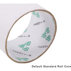 A roll of BOPP white packaging tape with a plain inner core, featuring a repeating green logo pattern.