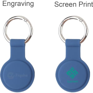 A blue Air Tag protective case with a keyring, featuring two design options: engraving and screen print.