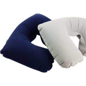 Two inflatable travel pillows in navy blue and light grey, featuring a curved design. Each has a logo.