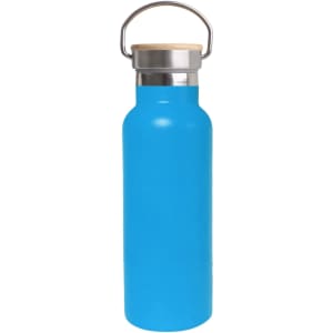 A drink bottle in bright blue with a stainless steel top and bamboo lid, featuring a metal carrying loop.
