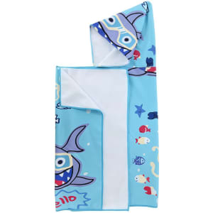 A blue, double-sided fleece hooded towel featuring whimsical ocean-themed characters and a logo.