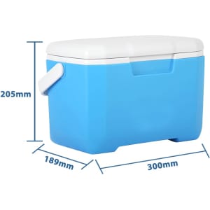 A blue 6L cooler box with a white lid, featuring a handle and dimensions indicated.
