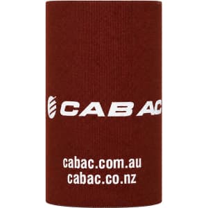 A drink bottle holder in a maroon colour with a logo, designed for keeping drinks cool.
