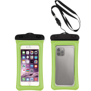 A green waterproof case for cellphones with a black top, featuring a lanyard and displaying a phone inside.