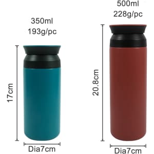 A drink bottle duo featuring a turquoise 350ml and a red 500ml, both with black lids and a logo.