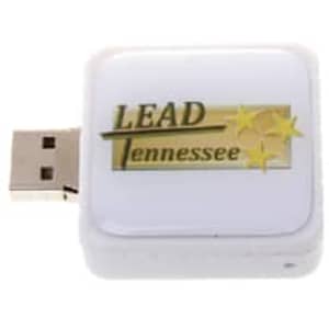 A square white flash drive with a metallic connector and a logo on the surface.