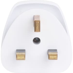 A white universal travel adapter featuring three gold prongs, designed for use from AU to UK.