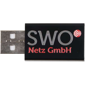 A black USB data blocker with a metallic USB connector and a logo on the front.