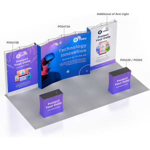 A curved pop-up display wall featuring a vibrant design in purple and blue, with a logo and promotional elements.