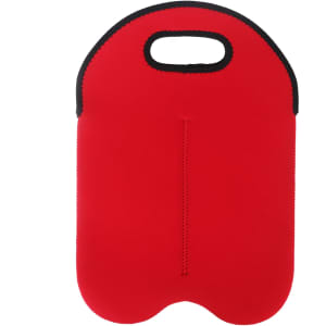 A drink bottle cooler in bright red with a black trim and a handle for easy carrying.
