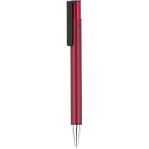 A red pen with a sleek design, featuring a black clip and chrome tip. It includes branding on the barrel.