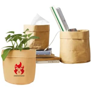 Large washable kraft paper bags in natural brown, arranged with various items and a plant inside. Includes a logo.