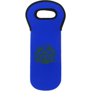 A drink bottle cooler in blue, featuring a handle and a logo. Soft, insulated material for keeping beverages cool.