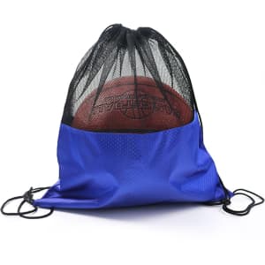 A blue drawstring mesh backpack with a black mesh top, containing a basketball inside. It features a logo.