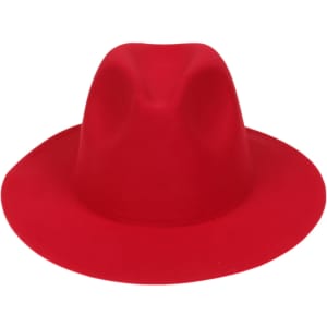 A red wide brim fedora hat with a smooth finish and a subtly rounded crown, featuring a logo.
