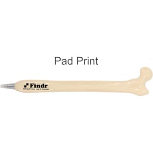 A femur bone-shaped pen in a cream colour, featuring a black logo along the side.