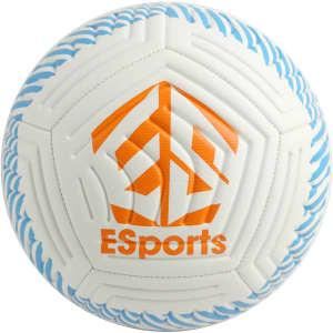 A white soccer ball with blue accents, featuring a logo in orange. The design includes textured patterns.