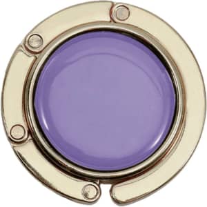 A round, foldable desk hook with a purple circular insert and a metallic gold frame. It includes a logo.