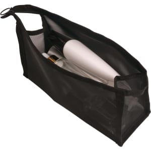 A black nylon mesh triangular cosmetic bag containing various bottles. The bag has a zip closure and a logo.
